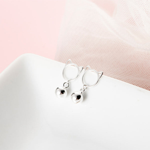 Silver Cat Bell Stud Earrings