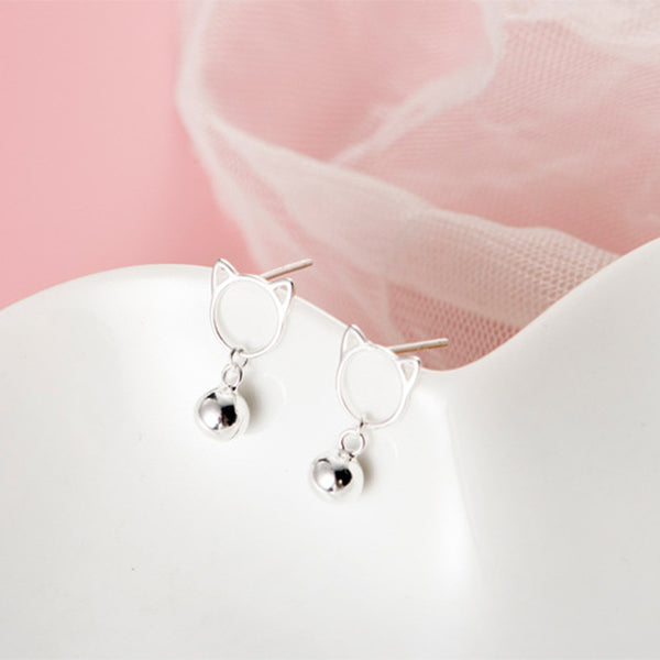 Silver Cat Bell Stud Earrings