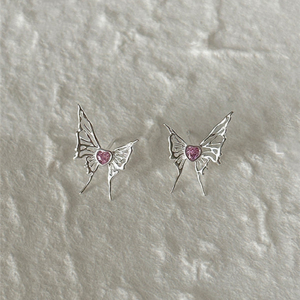 Pink Heart Butterfly Stud Earrings