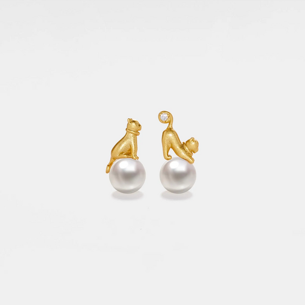 Gold Cat Pearl Wedding Stud Earrings