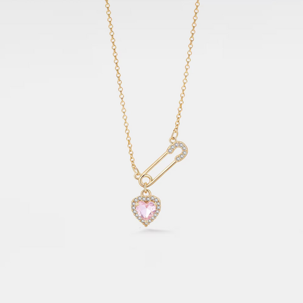 Pink Heart Safety Pin Pendant Necklace