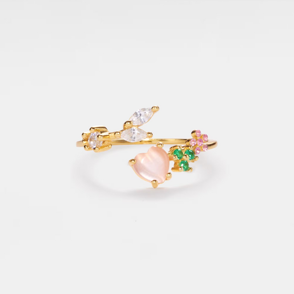 Pink Heart Flower Leaf Ring