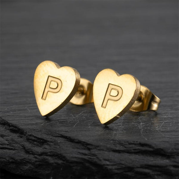 Initial Letter Heart Stud Earrings