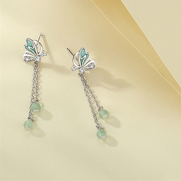 Green Butterfly Drop Stud Earrings