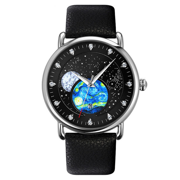 Starry Night 43 mm Round Leather Watch