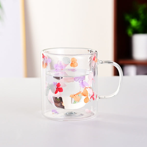 Double Wall Hydrangea Flower Glass Coffee Cup