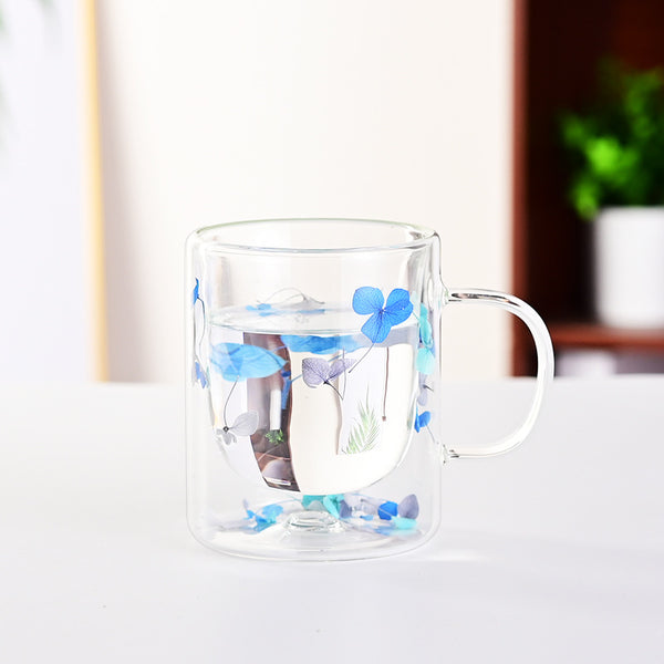 Double Wall Hydrangea Flower Glass Coffee Cup