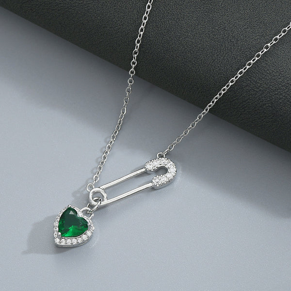 Color Gemstone Heart Safety Pin Necklace