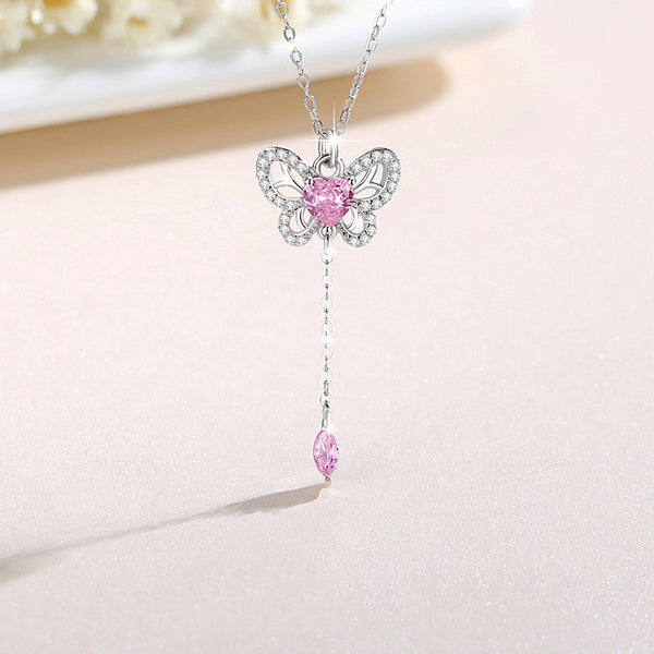 Pink Heart Butterfly Wedding Necklace