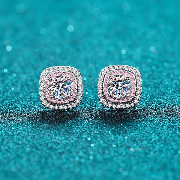 Pink Moissanite Halo Wedding Earrings