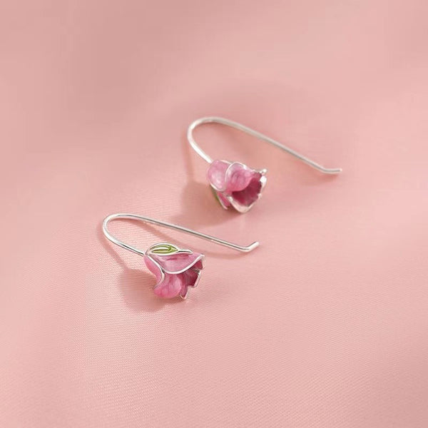 Pink Tulip Flower Hook Earrings