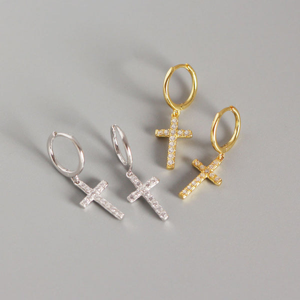 Dainty Cross Drop Hoop Earrings