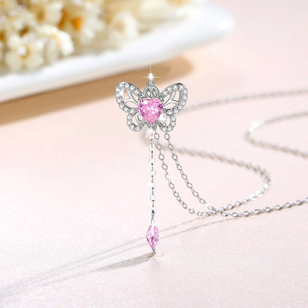 Pink Heart Butterfly Wedding Necklace