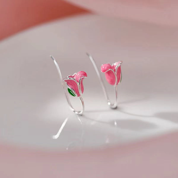 Pink Enamel Tulip Flower Wedding Earrings