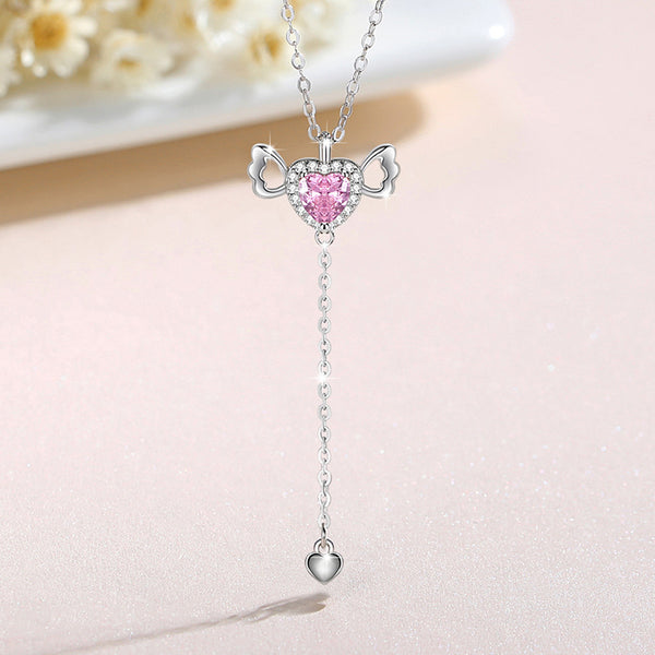 Angel Wing Pink Heart Wedding Necklace