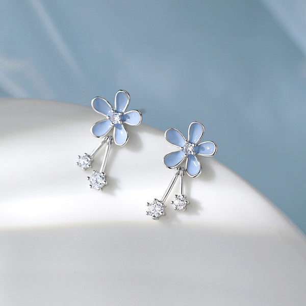 Blue Enamel Flower Dangle Drop Earrings