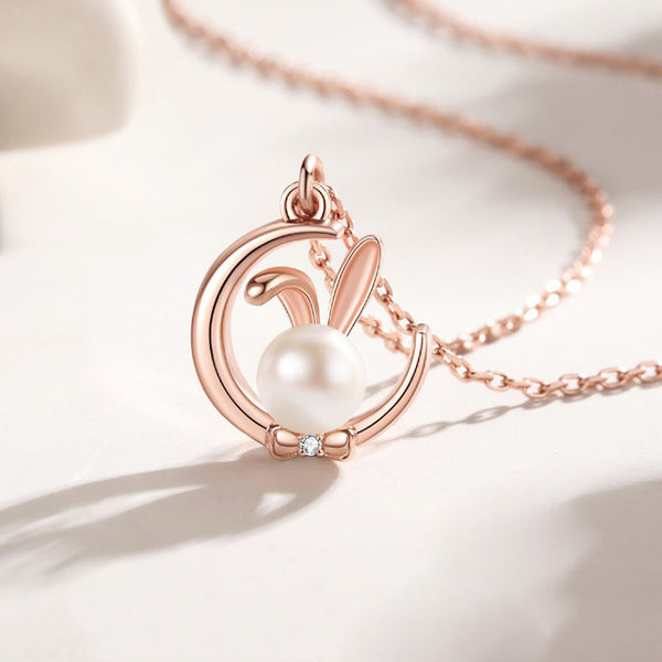 Moon Bunny Rabbit Pearl Charm Necklace