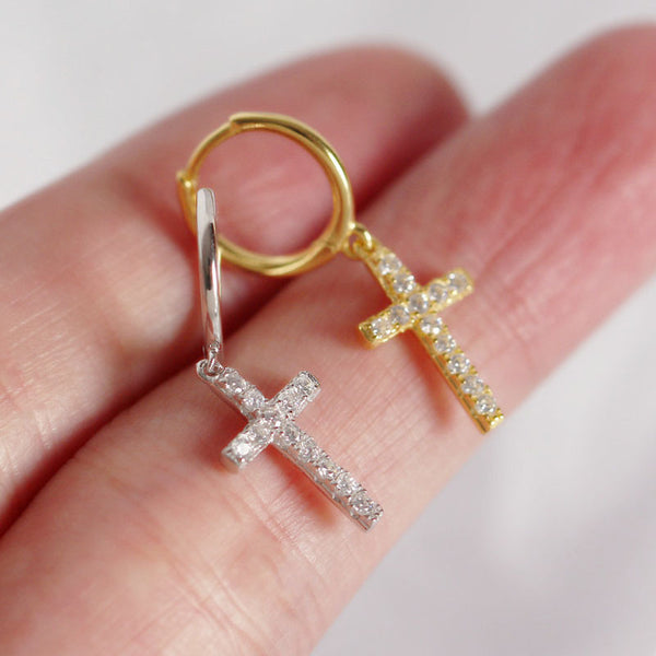 Dainty Cross Drop Hoop Earrings