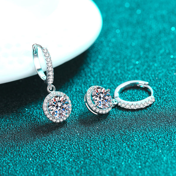 Moissanite Halo Drop Wedding Earrings