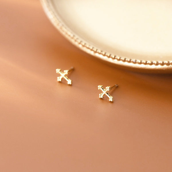 Small Tiny Gold Cross Stud Earrings