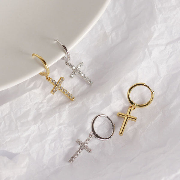 Dainty Cross Drop Hoop Earrings