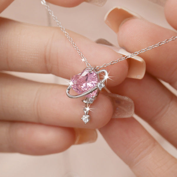 Pink Heart Planet Moon Star Necklace