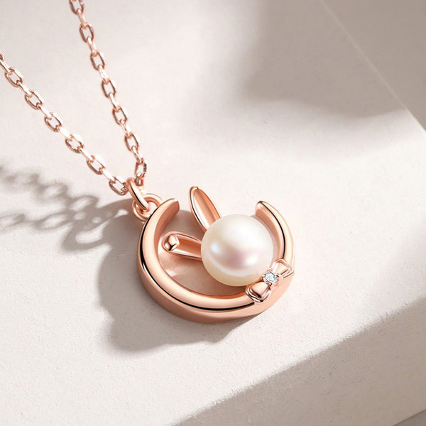 Moon Bunny Rabbit Pearl Charm Necklace