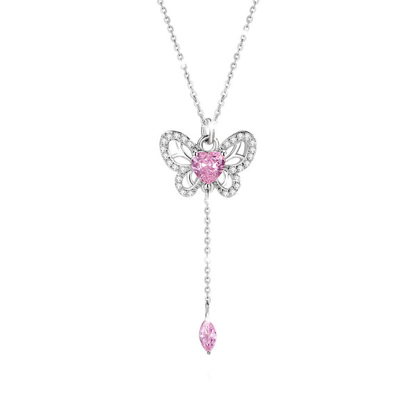 Pink Heart Butterfly Wedding Necklace