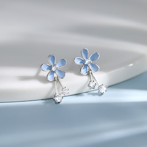 Blue Enamel Flower Dangle Drop Earrings