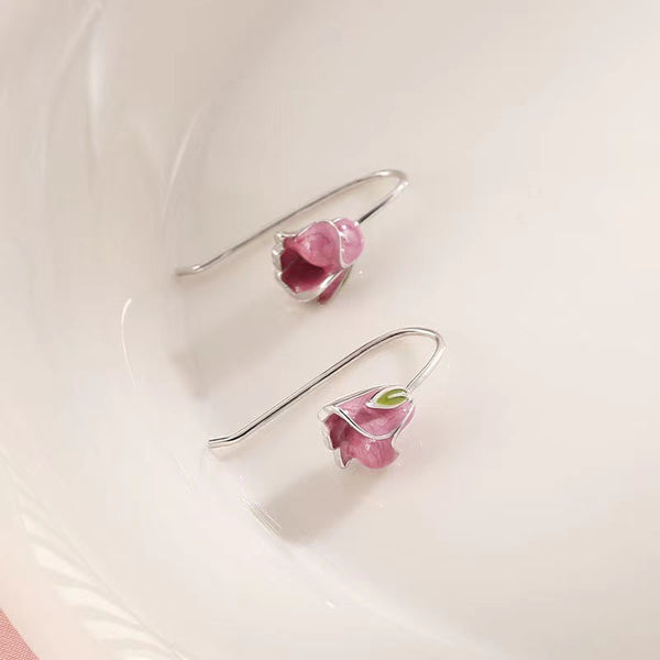 Pink Enamel Tulip Flower Wedding Earrings