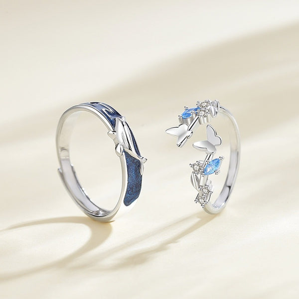 Whale Butterfly Couple Matching Ring