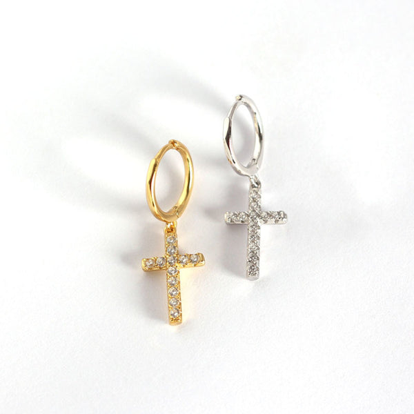 Dainty Cross Drop Hoop Earrings