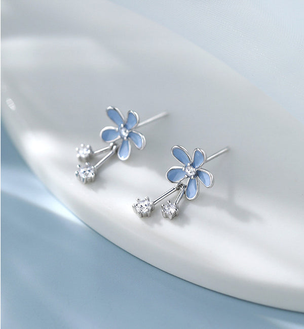 Blue Enamel Flower Dangle Drop Earrings