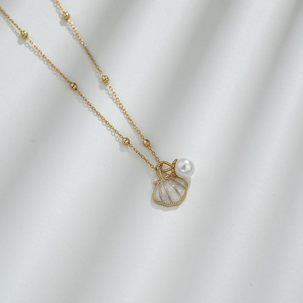 Gold Shell Pearl Charm Necklace