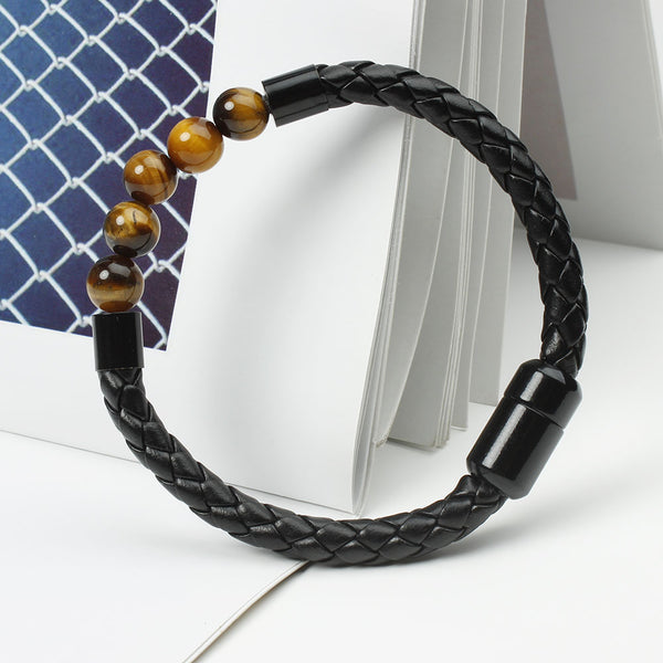 Crystal Stone Bead Leather Braided Bracelet