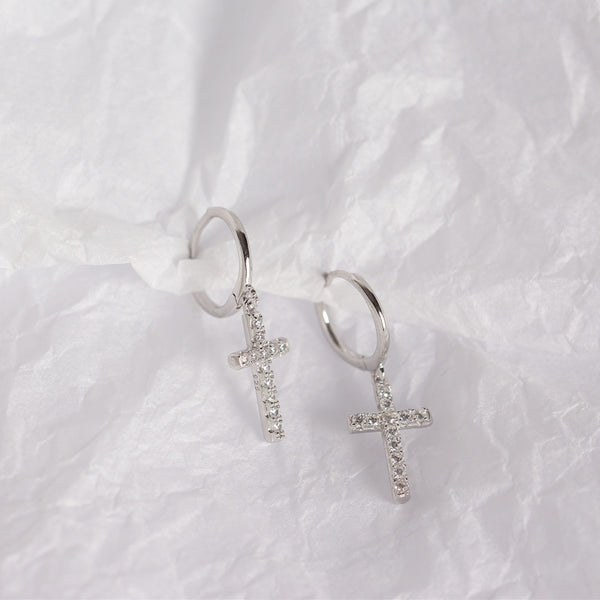 Dainty Cross Drop Hoop Earrings