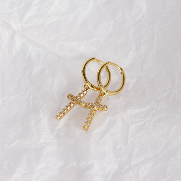 Dainty Cross Drop Hoop Earrings