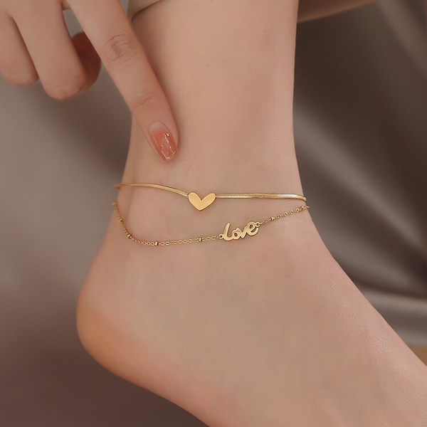 Monogram Love Heart Double Chain Anklet