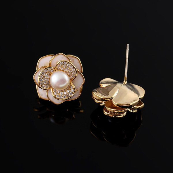 Camellia Flower Pearl Stud Earrings