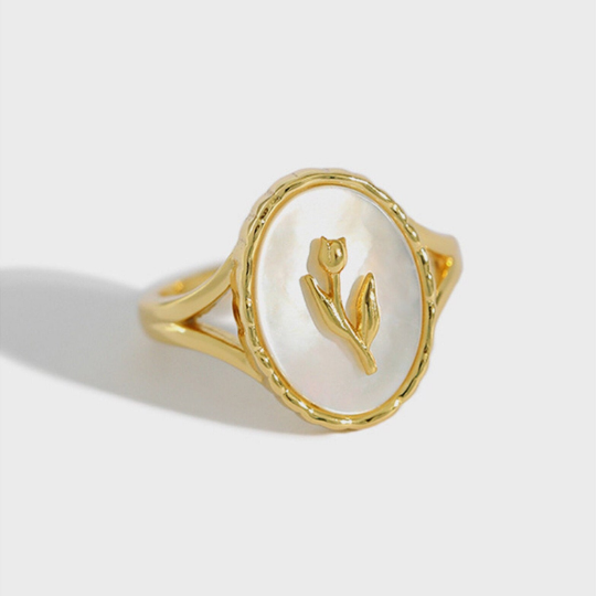 Rose Flower Pearl Oval Signet Ring