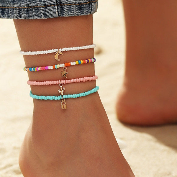 Moon Star Lock Cactus Boho Bead Anklet