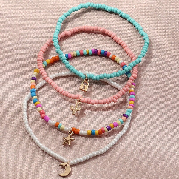 Moon Star Lock Cactus Boho Bead Anklet