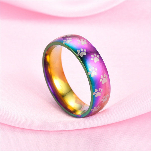 Rainbow Paw Print Chrome Band Ring