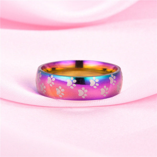 Rainbow Paw Print Chrome Band Ring