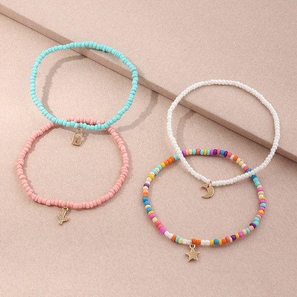 Moon Star Lock Cactus Boho Bead Anklet