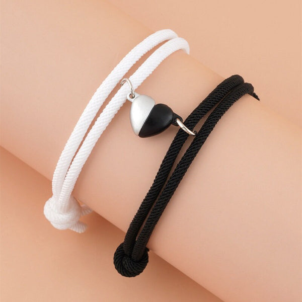 Magnetic Heart Couple Matching Bracelet, Black/White - 2pc