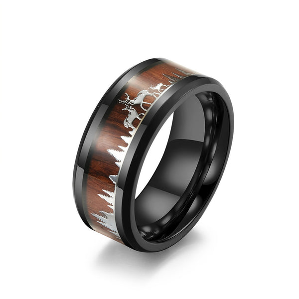 Wood Forest Elk Deer Black Band Ring