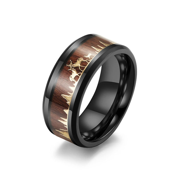 Wood Forest Elk Deer Black Band Ring