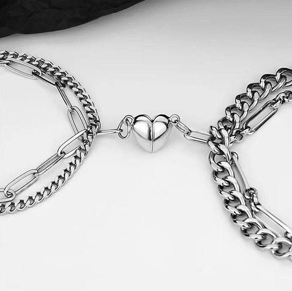 Couples and Friends Magnetic Heart Chain Link Bracelets in Gold and Silver,  Stainless Steel Chain Bracelets, Set of 2 Bracelets 