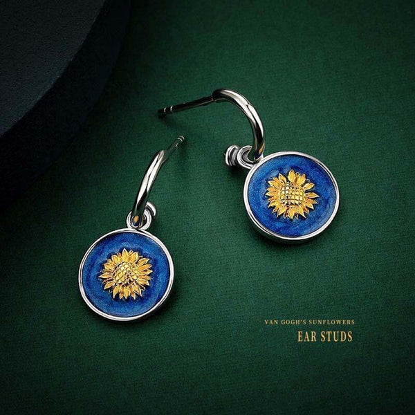 Sunflower Van Gogh Circle Drop Earrings